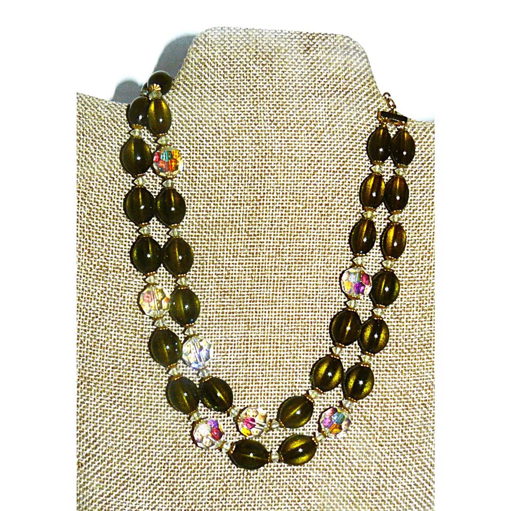 Vtg Signed Trifari Double-Strand Brown & Faux Crystal Beaded Necklace Gold-Tone